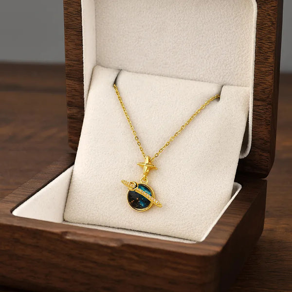 Titanium Steel Necklace for Women Dreamy Planet Retro French European Necklace Micro Inlaid Zircon Star Moon Blue Starry Sky Collarbone Chain Pendant Necklace