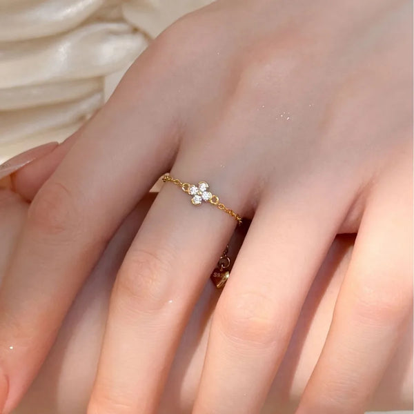 Handmade Four Leaf Clover Ring for Women in 925 Sterling Silver with 18K Real Gold Plating