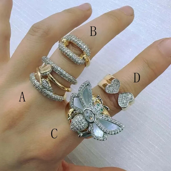Wholesale Jewelry Casual Luxurious Classic Style Geometric Heart Shape Bee Copper Zircon 18K Gold Plated Inlay Rings