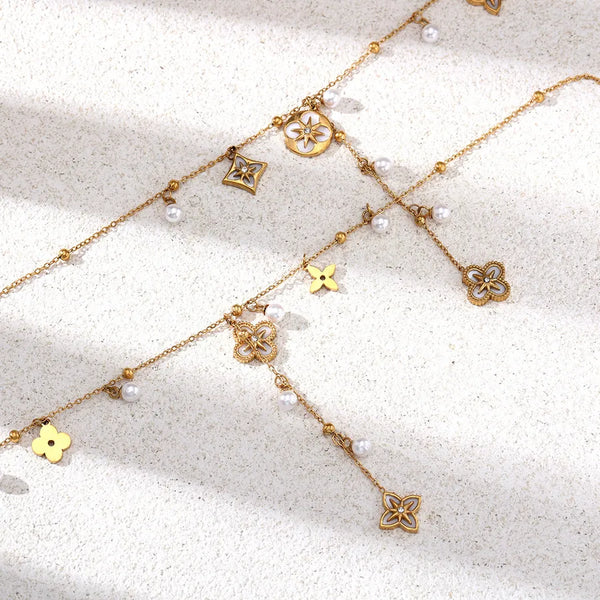 Flowers Necklace for Women with Tassel Craft, Electroplated Titanium Steel Featuring Imitation Pearl Inlay