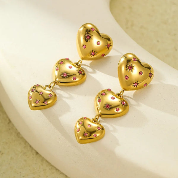 1 Pair Retro Heart Shape Inlay 304 Stainless Steel Zircon 18K Gold Plated Drop Earrings