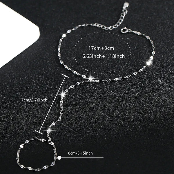 Full Body S925 Sterling Silver Elegant Simple Bracelet Ring Chain Connected Finger Women's Design Sense Versatile Personality Trendy Jewelry