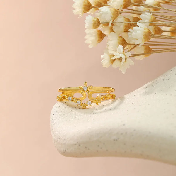 Vintage Style Copper Flowers Adjustable Ring for Women with Zircon Inlay, Perfect for Summer Wear