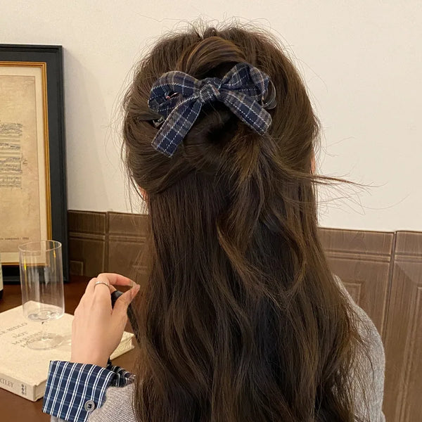 Vintage Plaid College Style Brown Gray Plaid Bow Banana Hair Clip Hairband Women's Hair Accessories