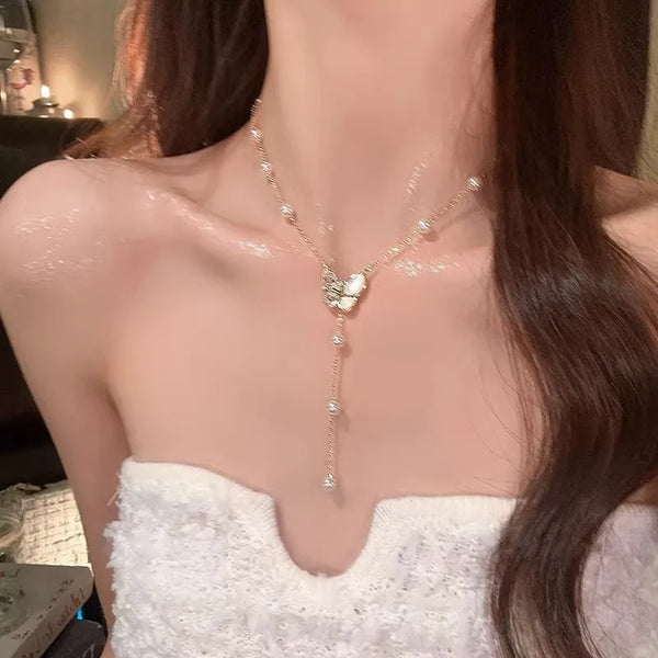 Super Fairy Mother-of-Pearl Butterfly Tassel Pearl Necklace for Women Sweater Chain Gentle Collarbone Chain 16K Real Gold Plated