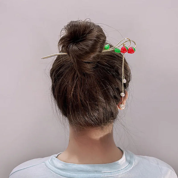 Strawberry Cartoon Style Hair Sticks in Blue Metal with Pearl Inlay, Stylish Hair Accessories