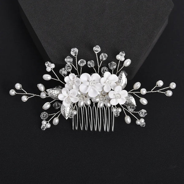 White Soft Clay Flower Metal Iron Leaf Comb Hair Accessory Bridal Headpiece Women's Hair Comb Floral Hair Accessory