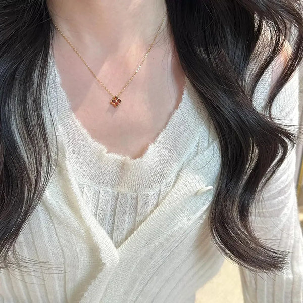 Red S925 Sterling Silver 14K Gold Plated Four-Leaf Clover Yellow Crystal Necklace for Women Simple Design Pearl Choker Pendant