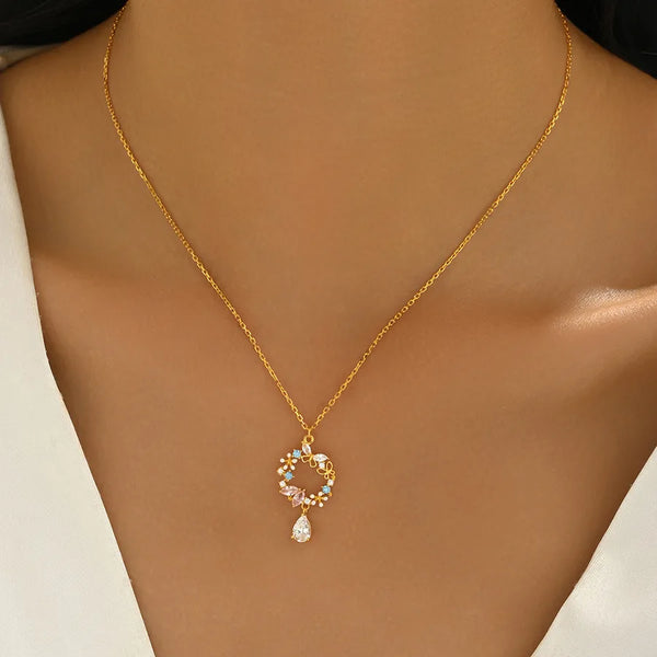 Water Droplets Necklace for Women in 925 Sterling Silver with 18K Real Gold Plated 0.03µm Thickness and Zircon Inlay on Box Chain