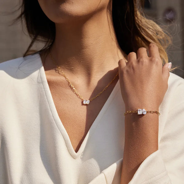 Water Droplets Necklace for Women in 304 Stainless Steel with 18K Real Gold Plated 0.03µm and Zircon Inlay on Paperclip Chain