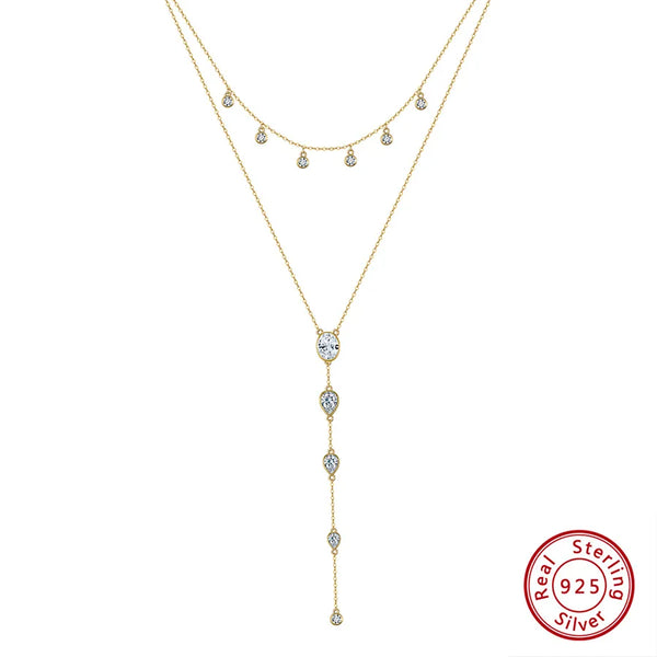 925 Sterling Silver Plated Zircon Plating V Shape Double Layer Necklaces