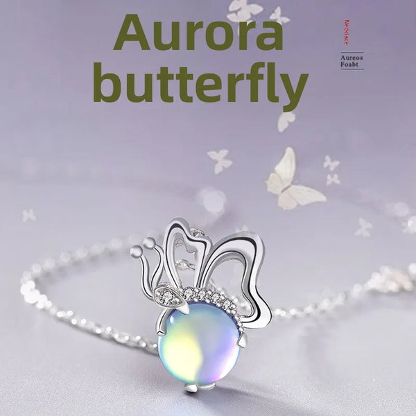 Original Design S925 Sterling Silver Butterfly Necklace Women's Style Moonstone Pendant Miniature Clavicle Chain Insect Pattern