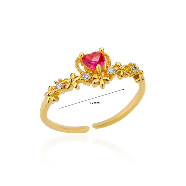 Luxurious Romantic Red Pink Zircon Heart Open Ring Gold Copper Material Punk Double Layer Geometric Unisex Couple Jewelry Valentine's Day Wedding Proposal Accessory