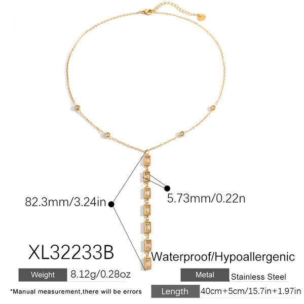 Geometric Y-Lariat Necklace for Women, 18K Gold Plated 304 Stainless Steel with Glass Inlay Cable Chain