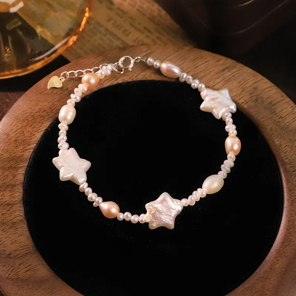 Star Bracelet For Women Featuring Freshwater Pearl with 925 Sterling Silver Cable Chain, Handmade