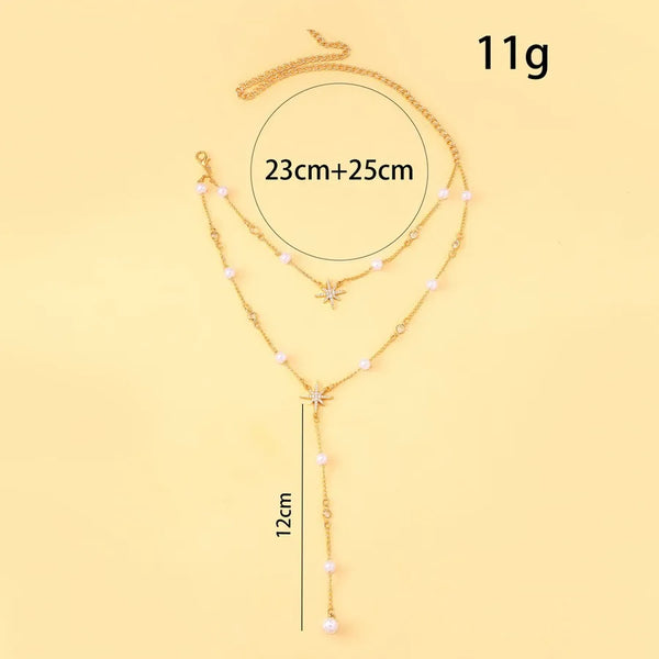 Double Layered Star Necklace Pearl Bridal Versatile Necklace Elegant Affluent Style Women's Jewelry Accessory