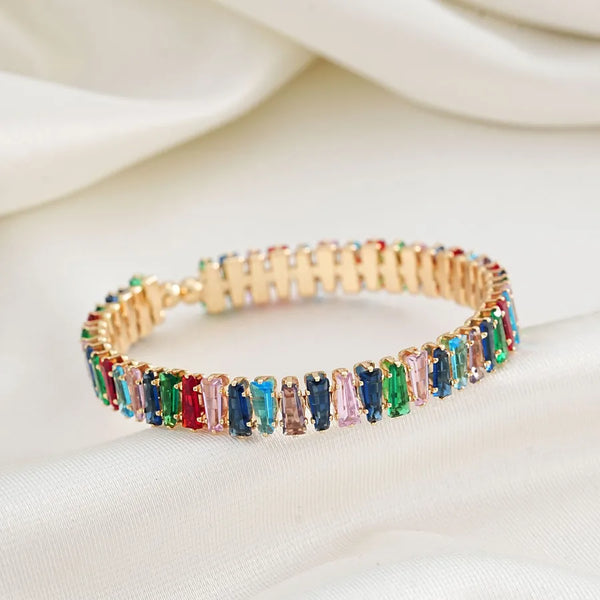 Three-dimensional Rectangle Copper Plated Bracelet with Zircon Inlay and Cable Chain for Women Featuring UV Plating Process