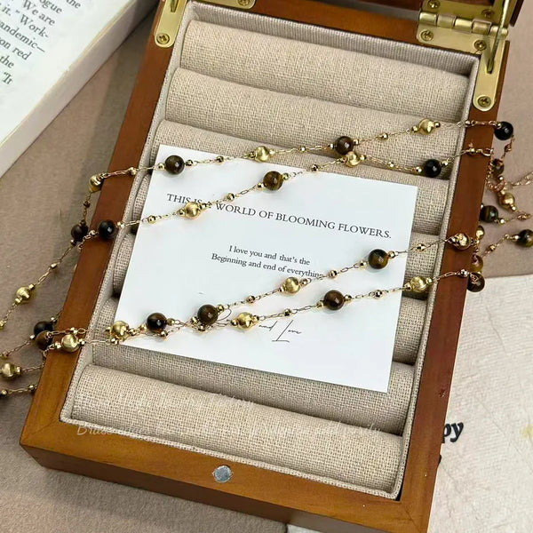 Vintage Tiger Eye Stone Spacer Bead Long Necklace for Women Layered Sweater Chain Geometric Gold Plated
