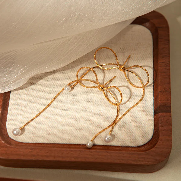18K Gold Plated 304 Stainless Steel Vacuum Electroplating (In Furnace) Imitation Pearl Bow Tassel Earrings for Women