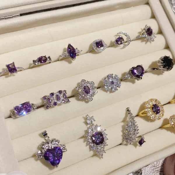 Gold-Plated Tea Olive Leaf Ring Shiny Grape Purple Diamond Series Women's Ring Geometric Engraving
