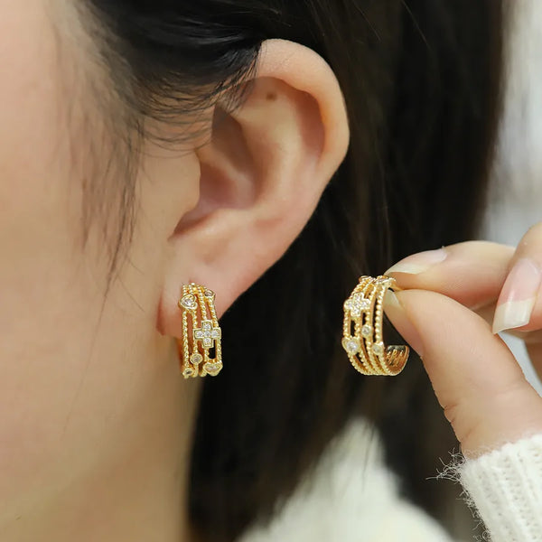 Hip-Hop Luxurious Rock C Shape Cross Heart Shape Inlay Copper Zircon 18K Gold Plated Ear Studs