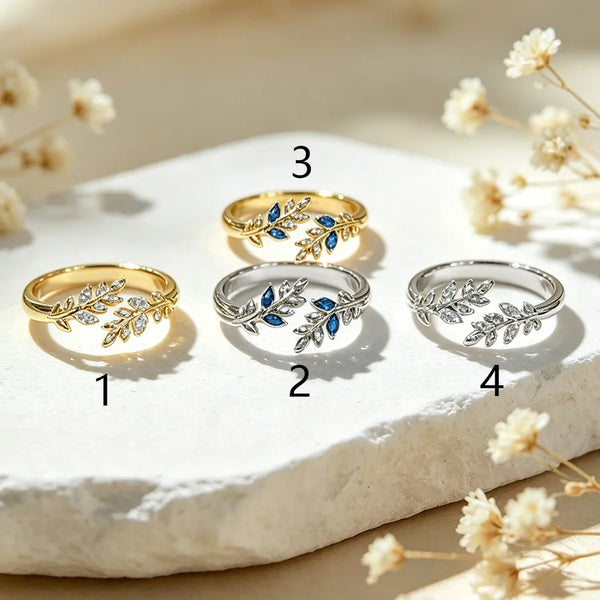 Handmade Leaves Open Ring for Women in Golden Plated Copper with Zircon Inlay Featuring Water Plating Process