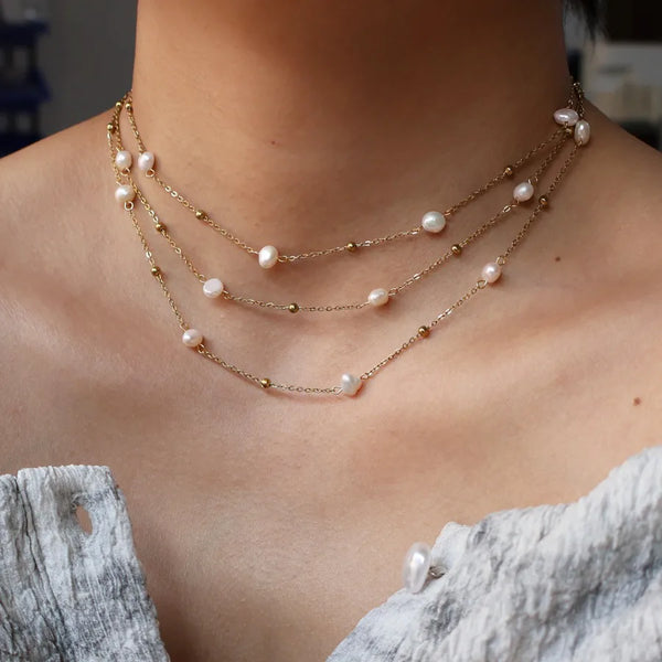 Wholesale Jewelry Retro Luxurious Classic Style Pearl 304 Stainless Steel Freshwater Pearl 18K Gold Plated Polishing Plating ball chain Necklace