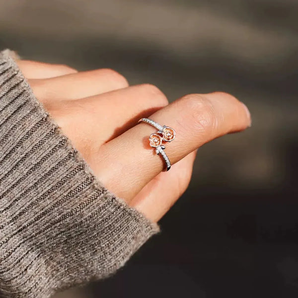 925 Sterling Silver Silver Rose Flower Ring for Women Two-tone Electroplated Simple European Style Pinky Ring Gift