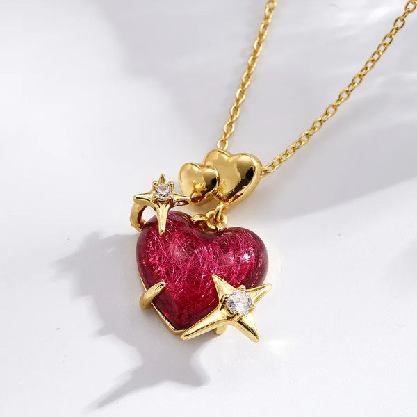 Valentine's Day Fashion Imitation Gold Plated Copper Resin Zircon Star Heart Shape Polished Four-Pointed Star Necklace