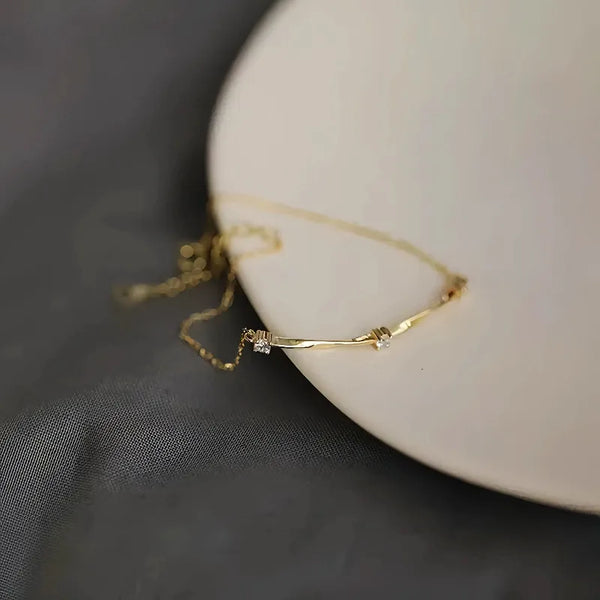 S925 Sterling Silver 14K Gold Plated Mobius Bracelet Women's Simple Design Diamond Embedded Wave Pattern Anniversary Jewelry