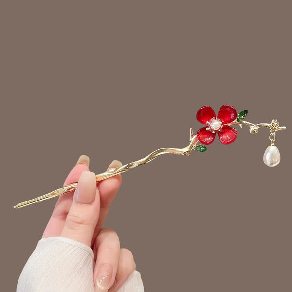 Elegant Tassel Hairpin Women's Ancient Chinese Style Hair Accessories Bohemian Floral Print Alloy Hairpin Headwear
