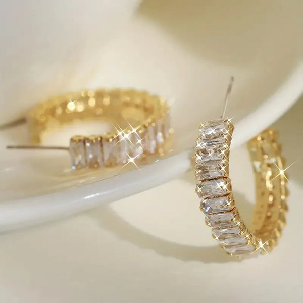 C Shape Earrings For Women Featuring 304 Stainless Steel With 18K Real Gold Plated Bezel Setting and Zircon Inlay
