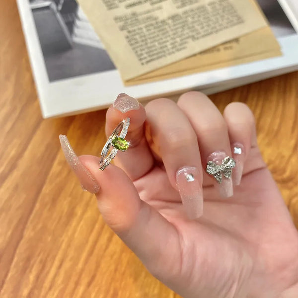 Natural Color Gemstone Series S925 Sterling Silver Ring Adjustable Non-Fading For Women Geometric Pattern Enamel Leaf Craft
