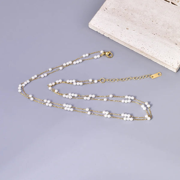 Layered Pearl Necklace for Women in 18K Gold Plated 304 Stainless Steel with Paperclip Chain