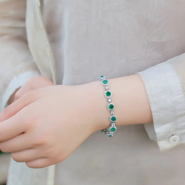 Emerald Bracelet S925 Silver Encrusted with Cultivated Gemstones Geometric White Plated Artificial Gemstone Jewelry, Recommended for Gifting