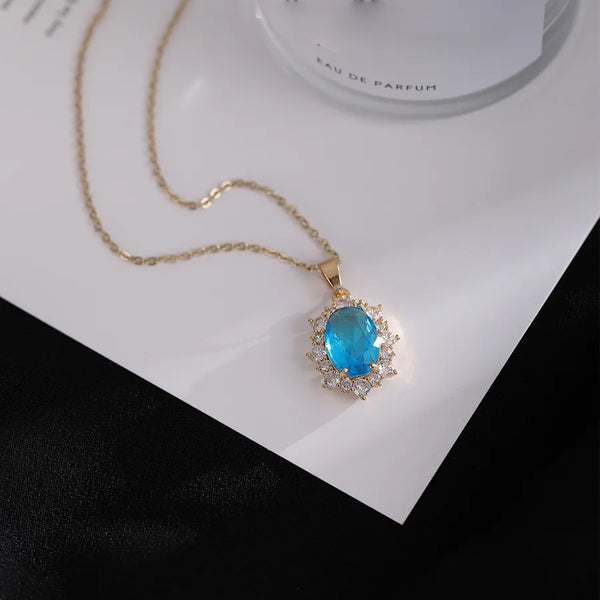 Copper IG Style Elegant Lady Inlay Water Droplets Butterfly Zircon Pendant Necklace